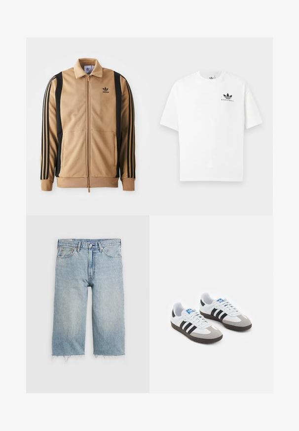 Tan zippered trackjakke laget av teksturert stoff, med svarte vertikale striper på ermene og et Adidas-logo på brystet.; Hvit bomull T-skjorte med kort erm, med en svart "BASKETBALL" logo og ikonisk tre-stripes design på framsiden.; Lys blå denimshorts med rett snitt, slitt kant, fem-lomme design og knappelukking i livet.; Sportssko med en hvit skinnoverdel, grå semsket tå og tre svarte striper. Har en blå logo på tungen og en teksturert gummisåle.