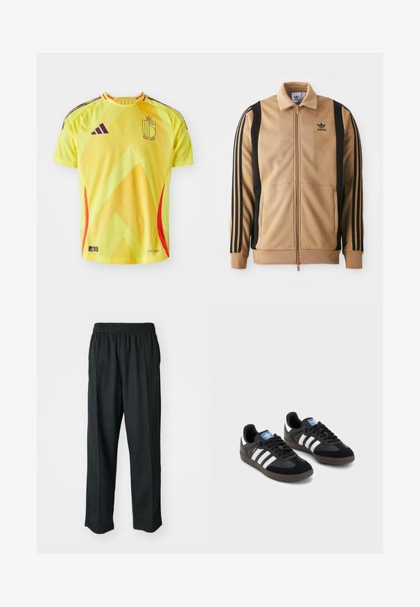 Cognacová zipsová športová bunda vyrobená z textúrovanej látky, s čiernymi vertikálnymi pruhmi na rukávoch a logom Adidas na hrudi.; Žltý športový dres s geometrickým vzorom, s fialovými akcentmi a červenými bočnými panelmi; vyrobený z ľahkej, priedušnej látky.; Čierne športové nohavice s elastickým pásom, vyrobené z hladkého materiálu, s jemným bočným šitím a voľným strihom, rovný strih.; Čierne tenisky so zvrškom z semišu a syntetického materiálu, s tromi bielymi pruhmi, štruktúrovanou gumovou podrážkou a modrou logovou etiketou na jazyku.