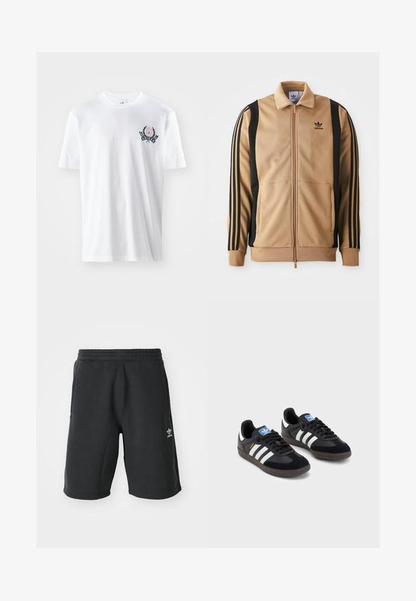Ζακέτα αθλητικών γραμμών με φερμουάρ, σε μπεζ χρώμα και από υφασμάτινη υφή, που διαθέτει μαύρες κατακόρυφες ρίγες στα μανίκια και το λογότυπο της Adidas στο στήθος.; Λευκό βαμβακερό μπλουζάκι με κοντά μανίκια, που διαθέτει ένα μικρό κεντημένο λογότυπο σε σκούρο πράσινο και ναυτικό μπλε με σχέδιο δάφνης στην αριστερή πλευρά του στήθους.; Μαύρες σορτς φούτερ με ελαστική μέση, πλαινές τσέπες και λευκό λογότυπο Adidas κάτω αριστερά. Μαλακό ύφασμα και κόψιμο μέχρι το γόνατο.; Μαύρα αθλητικά παπούτσια με επάνω μέρος από σουέτ και συνθετικό υλικό, με τρεις λευκές ρίγες, υφασμάτινη σόλα από καουτσούκ και μπλε ταυτότητα λογότυπου στη γλώσσα.