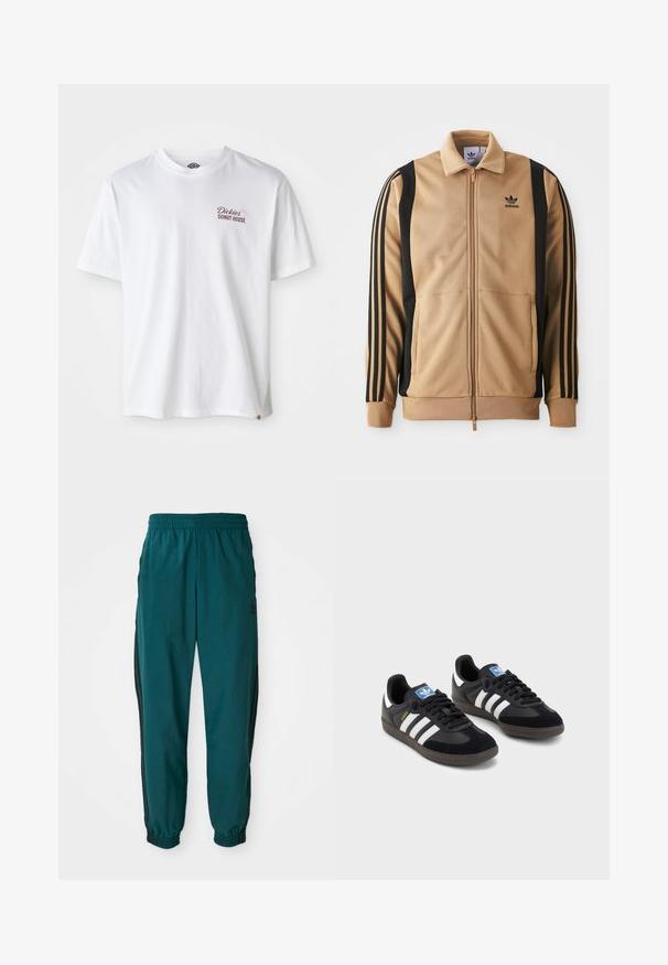 Dzeltenā ar rāvējslēdzēju track jaka, izgatavota no teksturēta auduma, ar melnām vertikālām svītrām uz piedurknēm un Adidas logotipu uz krūtīm.; Baltas kokvilnas T-krekls ar "Dickies Donut House" logotipu sarkanā krāsā kreisajā krūtī, īsām piedurknēm un apaļu kakla izgriezumu.; Gaiši zili sporta bikses ar savelkamo jostu, elastīgām aprocēm un melnām svītrām sānos. Izgatavotas no viegla auduma, ar logo tuvu gurnam.; Melnas sporta apavas ar zamšādas un sintētisku augšdaļu, ar trim baltām svītrām, teksturētu gumijas zoli un zilu logo birku uz mēles.