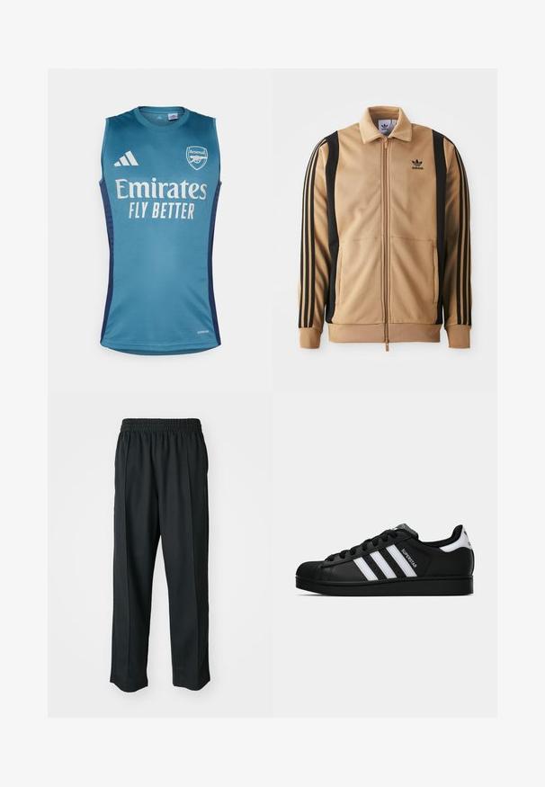 Dzeltenā ar rāvējslēdzēju track jaka, izgatavota no teksturēta auduma, ar melnām vertikālām svītrām uz piedurknēm un Adidas logotipu uz krūtīm.; Akvamarīna bezpiedurkņu džerseja ar Arsenal logo, tekstu "Emirates Fly Better" un tumšu zilo sānu akcentu. Izgatavota no gludas auduma.; Melni sporta bikses ar elastīgu jostu, izgatavotas no gludas auduma, ar smalku sānu šuvēm un brīvu piegriezumu, taisnas kājas dizains.; Melnas Adidas Superstar kedas ar baltām svītrām, čaulas purngalu un uzrakstu "Superstar" sānos, parādītas sānskatā uz baltā fona.