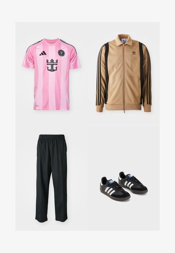 Vihreä vetoketjullinen urheilutakki, joka on valmistettu teksturoidusta kankaasta. Takissa on mustat pystysuorat raidat hihoissa ja Adidas-logo rinnassa.; Vaaleanpunainen jalkapallo-asu, jossa on pystysuorat raidat, mustia yksityiskohtia ja graafinen logo. Valmistettu hengittävästä kankaasta, lyhyet hihat ja pyöreä kaulus.; Mustat urheiluhaalarit, joissa on joustava vyötärö, valmistettu sileästä kankaasta, hienovaraisilla sivusaumalla ja rento istuvuus, suora lahjetyyppi.; Mustat lenkkarit, joissa on mokkanahka- ja synteettinen päällinen, kolmella valkoisella raidalla, tekstuurilla varustettu kumipohja ja sininen logo-etiketti kielellä.