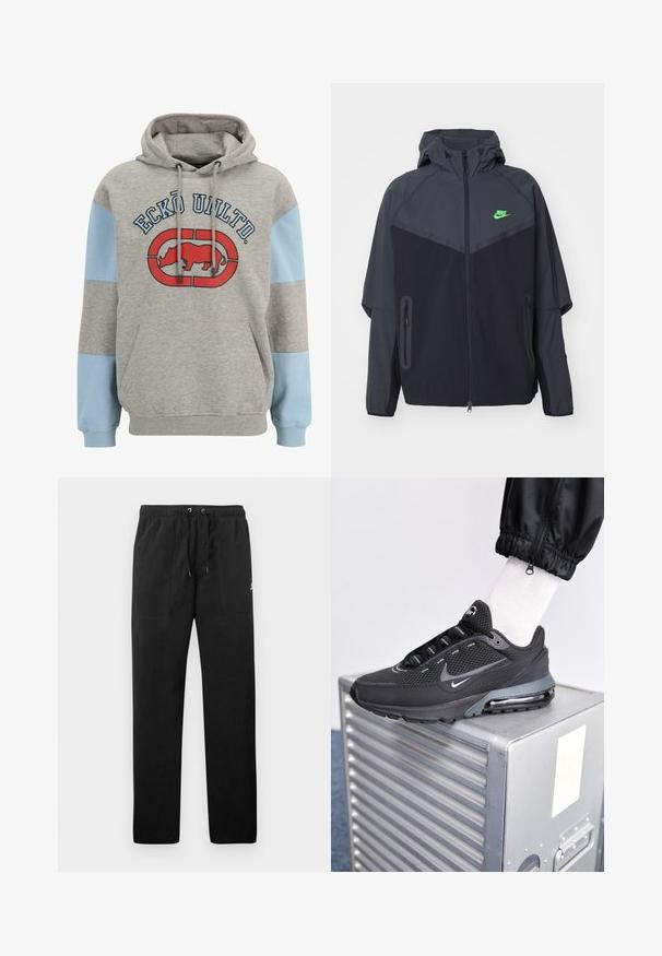 Chaqueta ligera en negro y gris oscuro con capucha, que presenta un logo de Nike en verde, bolsillos con cremallera y un diseño aerodinámico y deportivo.; Sudadera gris con mangas azul claro y un bolsillo tipo canguro. Presenta un logotipo gráfico rojo y negro en el frente. Fabricada en una suave mezcla de algodón.; Pantalones deportivos negros de felpa, con una cinturilla elástica con cordones, dos bolsillos delanteros y un pequeño logo en el muslo.; Nike Sportswear PULSE - Zapatillas - black/anthracite