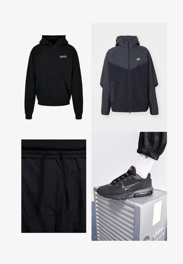 Chaqueta ligera en negro y gris oscuro con capucha, que presenta un logo de Nike en verde, bolsillos con cremallera y un diseño aerodinámico y deportivo.; Sudadera negra hecha de tejido entrelazado con un bolsillo frontal. Presenta una capucha con cordón y un logo bordado "mjgonzales" en azul claro.; Pantalones cortos negros con cinturilla ajustable, tejido ligero con una textura suave y un diseño sencillo sin logotipos visibles ni patrones.; Nike Sportswear PULSE - Zapatillas - black/anthracite