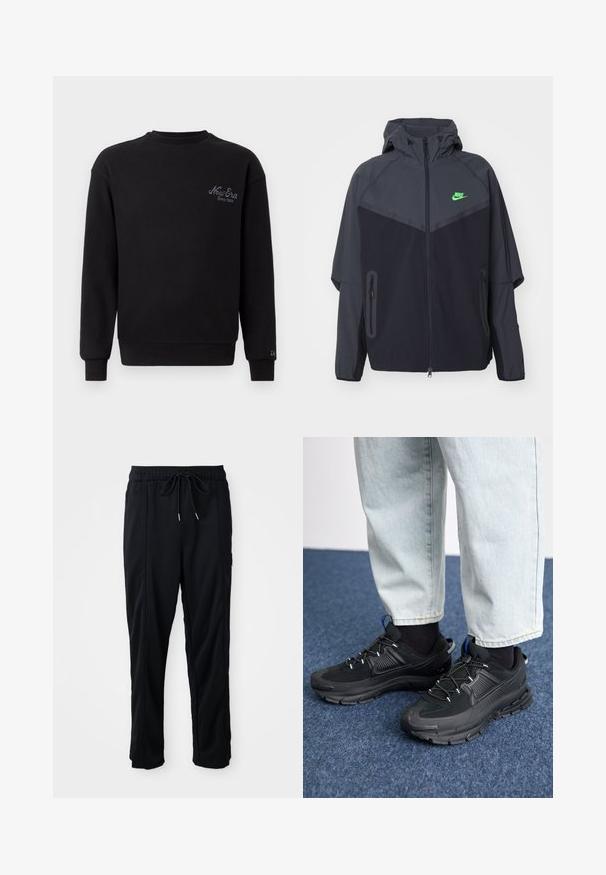 Chaqueta ligera en negro y gris oscuro con capucha, que presenta un logo de Nike en verde, bolsillos con cremallera y un diseño aerodinámico y deportivo.; Sudadera negra de manga larga con textura acanalada. Presenta un cuello redondo y el logotipo bordado de "New Era" en el lado izquierdo del pecho.; Pantalones casuales negros con cordón en la cintura, con bolsillos laterales y corte de pierna recta sobre un fondo liso.; Zapatillas deportivas negras con tejido texturizado y suelas de goma, con cordones elásticos y un acento azul en el talón. Combinadas con pantalones de mezclilla claros.