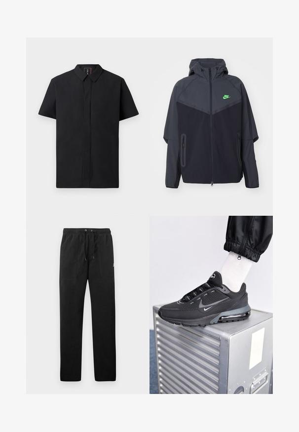 Zwarte en donkergrijze lichte jas met een capuchon, voorzien van een groen Nike-logo, ritszakken en een gestroomlijnd, sportief ontwerp.; Korte mouwen zwarte shirt met een gestructureerde kraag, voorzien van een voorplacket en een gladde stoffen textuur. Eenvoudig, modern ontwerp.; Zwarte sweatpants van fleece, met een elastische tailleband met trekkoorden, twee voorzakken en een klein logo op de dij.; Nike Sportswear PULSE - Sneakers laag - black/anthracite