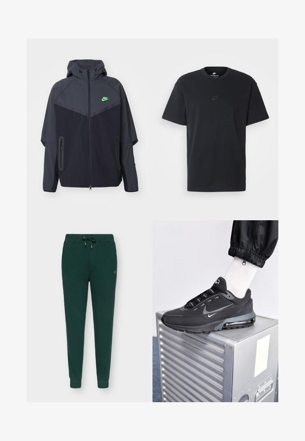 Zwarte en donkergrijze lichte jas met een capuchon, voorzien van een groen Nike-logo, ritszakken en een gestroomlijnd, sportief ontwerp.; Zwarte katoenen t-shirt van Nike met een klassieke ronde hals, korte mouwen en een subtiele, reliëflogo op de borst. Gladde textuur.; Groene katoenen sweatpants, tapered fit, elastische tailleband met trekkoord, geribde boorden, subtiel gouden logo-detail aan de zijkant.; Nike Sportswear PULSE - Sneakers laag - black/anthracite