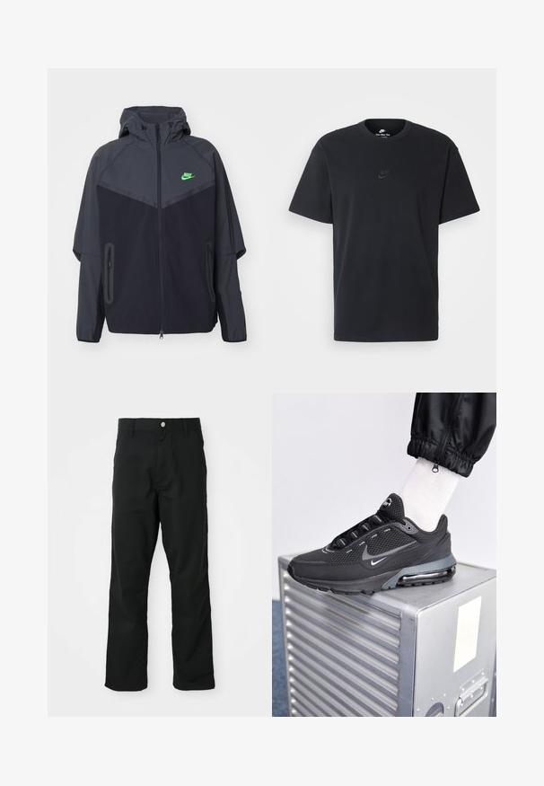 Zwarte en donkergrijze lichte jas met een capuchon, voorzien van een groen Nike-logo, ritszakken en een gestroomlijnd, sportief ontwerp.; Zwarte katoenen t-shirt van Nike met een klassieke ronde hals, korte mouwen en een subtiele, reliëflogo op de borst. Gladde textuur.; Zwarte rechttoe rechtaan broek met knoop- en ritssluiting, riemlussen en zijzakken, weergegeven tegen een witte achtergrond.; Nike Sportswear PULSE - Sneakers laag - black/anthracite