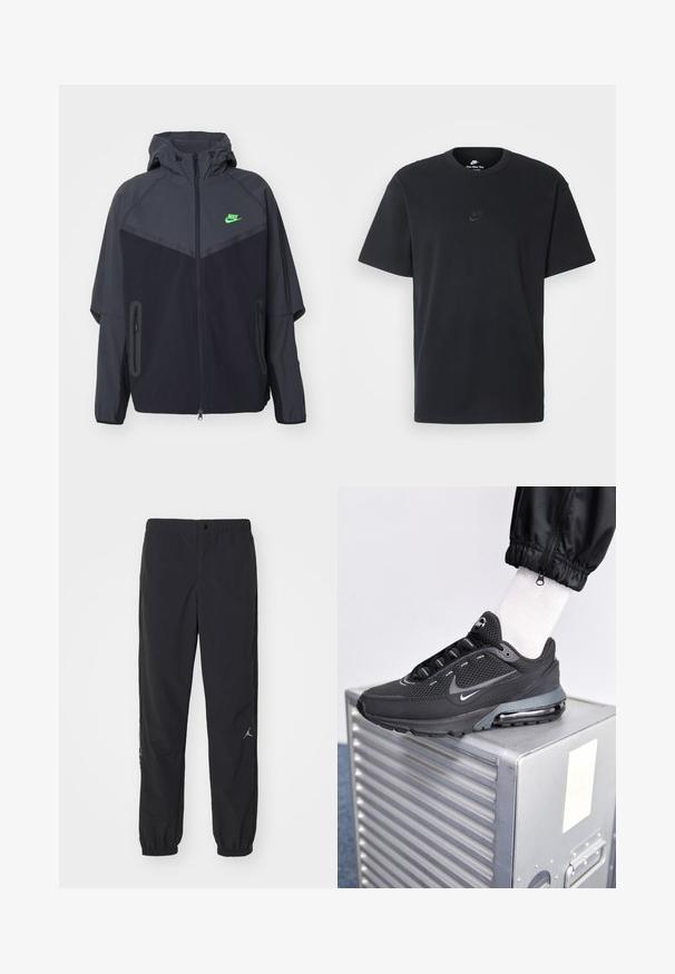 Zwarte en donkergrijze lichte jas met een capuchon, voorzien van een groen Nike-logo, ritszakken en een gestroomlijnd, sportief ontwerp.; Zwarte katoenen t-shirt van Nike met een klassieke ronde hals, korte mouwen en een subtiele, reliëflogo op de borst. Gladde textuur.; Zwarte trainingsbroek van lichtgewicht stof, met een elastische tailleband, taps toelopende boorden en een klein logo op het linkerbeen.; Nike Sportswear PULSE - Sneakers laag - black/anthracite