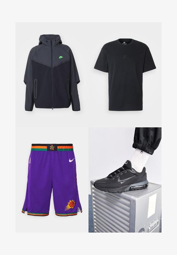 Chaqueta ligera en negro y gris oscuro con capucha, que presenta un logo de Nike en verde, bolsillos con cremallera y un diseño aerodinámico y deportivo.; Camiseta negra de algodón de Nike con un clásico cuello redondo, mangas cortas y un sutil logo en relieve en el pecho. Textura suave.; Nike Performance NBA PHOENIX SUNS SHORTS - Equipación de clubes - field purple/white; Nike Sportswear PULSE - Zapatillas - black/anthracite