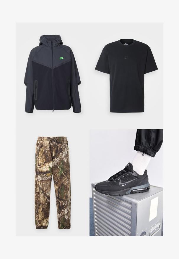 Zwarte en donkergrijze lichte jas met een capuchon, voorzien van een groen Nike-logo, ritszakken en een gestroomlijnd, sportief ontwerp.; Zwarte katoenen t-shirt van Nike met een klassieke ronde hals, korte mouwen en een subtiele, reliëflogo op de borst. Gladde textuur.; Camo joggingsbroek met een bruin en groen natuurlijk patroon, voorzien van een elastische tailleband met een drawstring en elastische boorden bij de enkels.; Nike Sportswear PULSE - Sneakers laag - black/anthracite