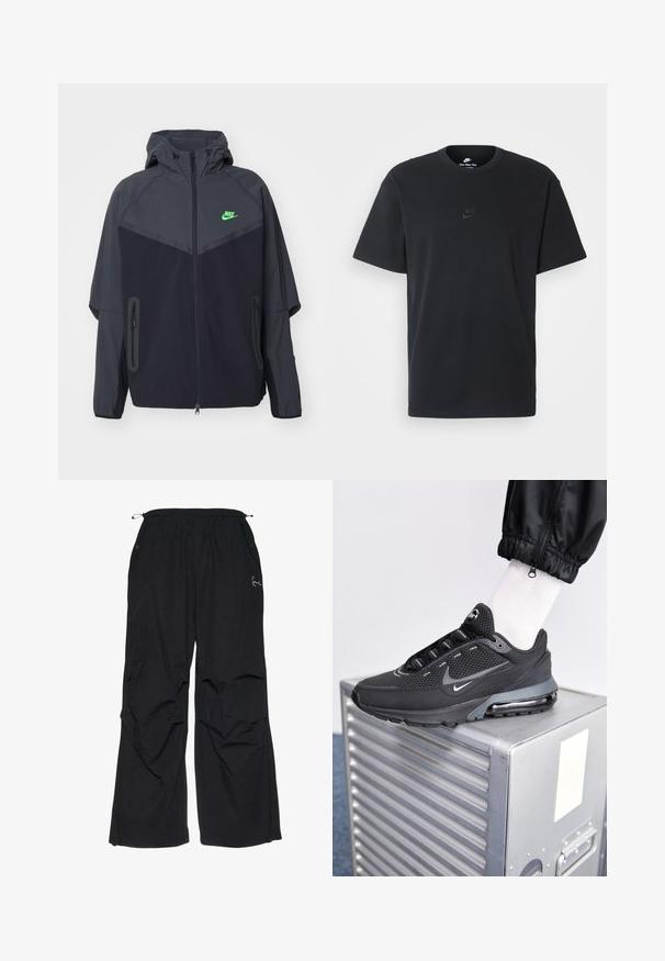 Zwarte en donkergrijze lichte jas met een capuchon, voorzien van een groen Nike-logo, ritszakken en een gestroomlijnd, sportief ontwerp.; Zwarte katoenen t-shirt van Nike met een klassieke ronde hals, korte mouwen en een subtiele, reliëflogo op de borst. Gladde textuur.; Zwarte, loszittende broeken met een elastische tailleband, twee zijzakken en een subtiel geborduurd logo aan de voorkant. Lichtgewicht stof.; Nike Sportswear PULSE - Sneakers laag - black/anthracite