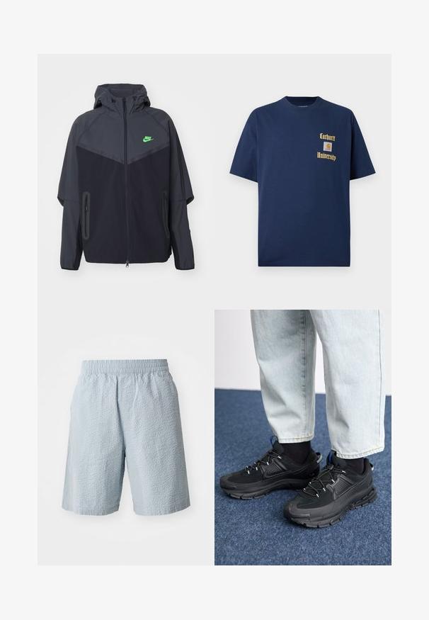 Black and dark gray lightweight jacket with a hood, featuring a green Nike logo, zippered pockets, and a streamlined, sporty design.; Navy blue cotton t-shirt with short sleeves, featuring gold text "Carhartt University" and a logo patch on the left chest.; Light blue shorts with a textured fabric, elastic waistband, and side pockets. The design features a loose fit and knee-length cut.; Black athletic shoes with textured fabric and rubber soles, featuring elastic laces and a blue accent on the heel. Worn with light denim pants.