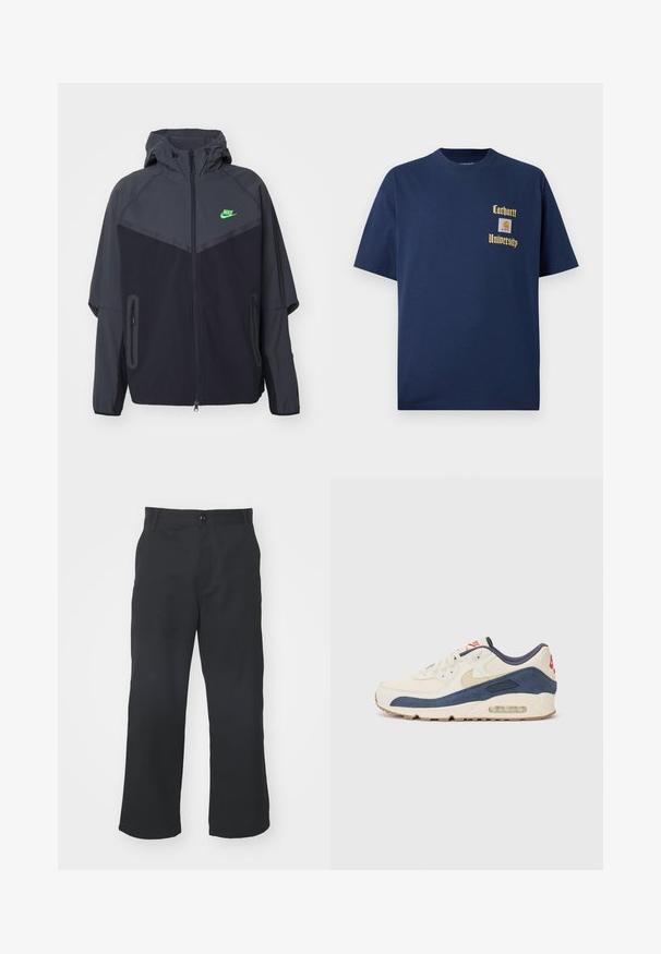 Veste légère noire et gris foncé avec capuche, dotée d'un logo Nike vert, de poches zippées et d'un design épuré et sportif.; T-shirt en coton bleu marine à manches courtes, avec le texte doré "Carhartt University" et un écusson logo sur la poitrine gauche.; Pantalons noirs à jambes droites en tissu à la texture lisse, dotés d'une fermeture par bouton à l'avant et de poches standard.; Baskets avec un dessus en cuir crème et en suède bleu marine, dotées d'une semelle à air visible, d'une semelle en caoutchouc beige et d'un accent rouge au talon.