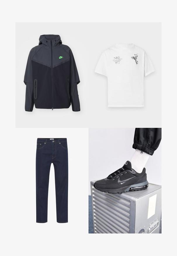 Chaqueta ligera en negro y gris oscuro con capucha, que presenta un logo de Nike en verde, bolsillos con cremallera y un diseño aerodinámico y deportivo.; Camiseta blanca de algodón con un estampado gráfico negro de una figura alada y texto, con cuello redondo y mangas cortas.; Jeans de mezclilla azul oscuro con corte recto, que cuentan con costuras claras, cinco bolsillos y un cierre de botón en la cintura. Textura suave.; Nike Sportswear PULSE - Zapatillas - black/anthracite
