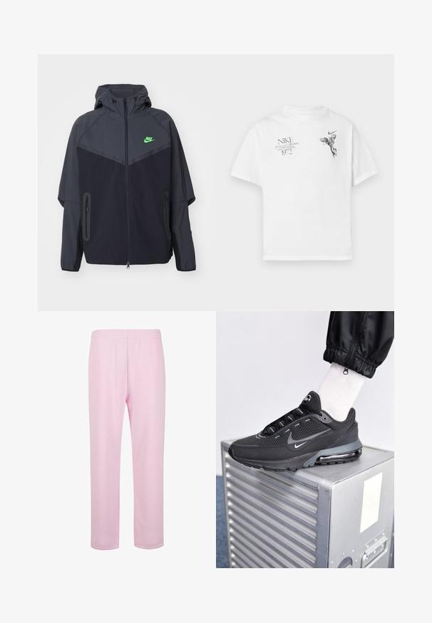 Zwarte en donkergrijze lichte jas met een capuchon, voorzien van een groen Nike-logo, ritszakken en een gestroomlijnd, sportief ontwerp.; Witte katoenen t-shirt met een zwarte grafische print van een gevleugeld figuur en tekst, met een ronde hals en korte mouwen.; Lichtroze sweatpants van gladde katoenstof. Heeft een elastische tailleband en een rechte, relaxte pasvorm. Geen zichtbare zakken of patronen.; Nike Sportswear PULSE - Sneakers laag - black/anthracite