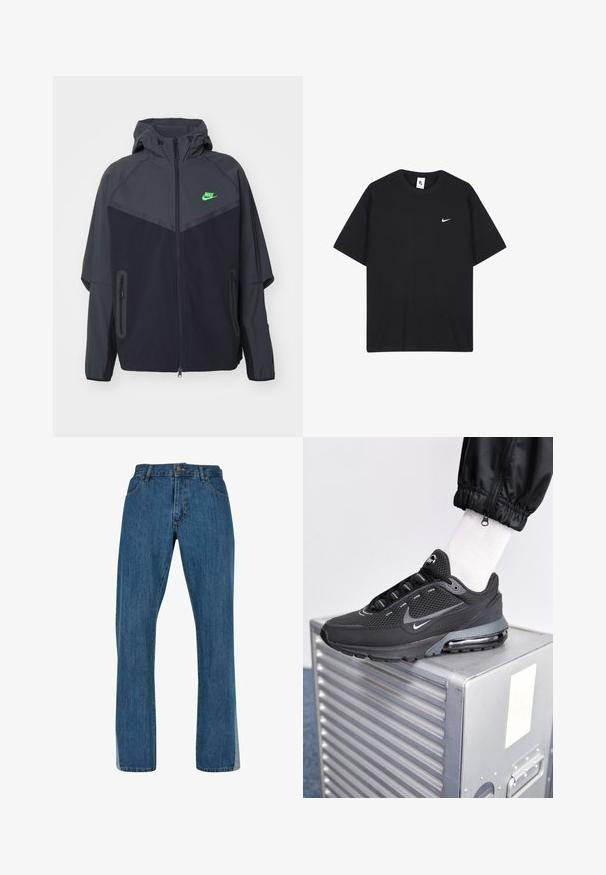 Veste légère noire et gris foncé avec capuche, dotée d'un logo Nike vert, de poches zippées et d'un design épuré et sportif.; T-shirt noir Nike en coton, avec un col rond et des manches courtes. Comprend un petit logo blanc Nike sur la poitrine gauche.; Jean en denim bleu avec une coupe droite, présentant un design classique à cinq poches, une fermeture à bouton et à glissière à l'avant, et des coutures visibles.; Nike Sportswear PULSE - Baskets basses - black/anthracite