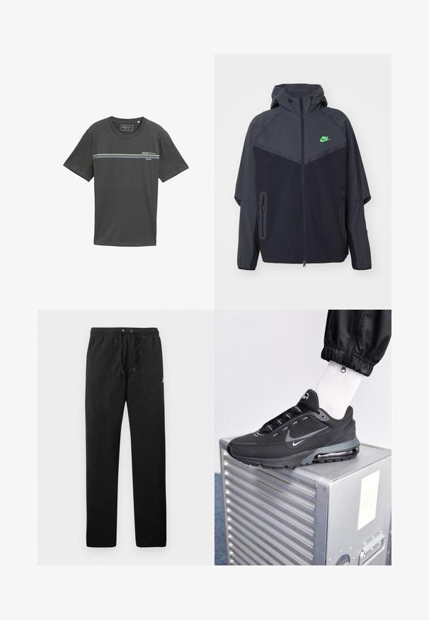 Chaqueta ligera en negro y gris oscuro con capucha, que presenta un logo de Nike en verde, bolsillos con cremallera y un diseño aerodinámico y deportivo.; Camiseta de algodón gris con mangas cortas y cuello redondo, con franjas horizontales en azul, blanco y verde en el pecho, con un logotipo impreso.; Pantalones deportivos negros de felpa, con una cinturilla elástica con cordones, dos bolsillos delanteros y un pequeño logo en el muslo.; Nike Sportswear PULSE - Zapatillas - black/anthracite