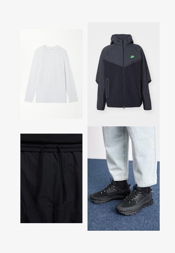 Black and dark gray lightweight jacket with a hood, featuring a green Nike logo, zippered pockets, and a streamlined, sporty design.; Plain white long-sleeve crew neck shirt displayed flat on a white background.; Black shorts featuring a drawstring waistband, lightweight fabric with a smooth texture, and a simple design without visible logos or patterns.; Black athletic shoes with textured fabric and rubber soles, featuring elastic laces and a blue accent on the heel. Worn with light denim pants.