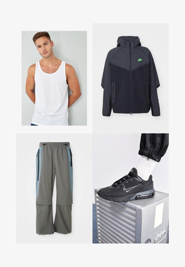 Zwarte en donkergrijze lichte jas met een capuchon, voorzien van een groen Nike-logo, ritszakken en een gestroomlijnd, sportief ontwerp.; Witte katoenen tanktop met een ronde hals en brede armgaten, getoond op een model tegen een lichtgrijze achtergrond.; Grijze outdoorbroeken met een wijde pijpdesign, voorzien van donkerblauwe zijpanelen en met ritszakken. Gemaakt van lichtgewicht, ademend materiaal.; Nike Sportswear PULSE - Sneakers laag - black/anthracite