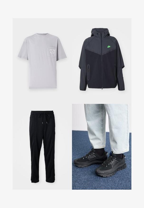 Veste légère noire et gris foncé avec capuche, dotée d'un logo Nike vert, de poches zippées et d'un design épuré et sportif.; T-shirt en coton gris avec un col rond, des manches courtes et une poche sur la poitrine gauche avec des détails de texte brodés.; Pantalons décontractés noirs à taille à cordon de serrage avec poches latérales et coupe droite sur fond uni.; Des chaussures de sport noires avec un tissu texturé et des semelles en caoutchouc, dotées de lacets élastiques et d'un accent bleu au talon. Portées avec un pantalon en denim clair.