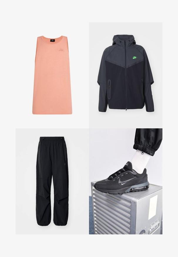 Zwarte en donkergrijze lichte jas met een capuchon, voorzien van een groen Nike-logo, ritszakken en een gestroomlijnd, sportief ontwerp.; Perzikkleurige tanktop gemaakt van lichtgewicht stof, met een ronde halslijn en zonder mouwen. Subtiele O'Neill-logo op de voorkant.; Zwarte lichtgewicht cargobroek met een elastische tailleband, zijritsen en ruime zakken. Heeft een losse pasvorm en taps toelopende boorden.; Nike Sportswear PULSE - Sneakers laag - black/anthracite
