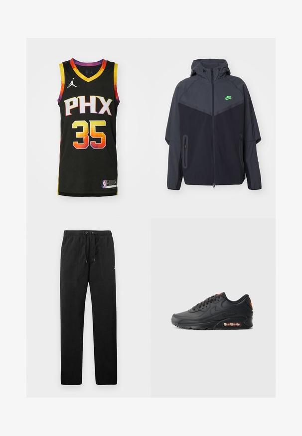 Chaqueta ligera en negro y gris oscuro con capucha, que presenta un logo de Nike en verde, bolsillos con cremallera y un diseño aerodinámico y deportivo.; Nike Performance PHOENIX SUNS KEVIN DURANT - Equipación de clubes - black/multicolor; Pantalones deportivos negros de felpa, con una cinturilla elástica con cordones, dos bolsillos delanteros y un pequeño logo en el muslo.; Zapatillas Nike Air Max 90 con parte superior sintética negra, acabado texturizado, cierre de cordones, unidad de aire visible y logo de acento en naranja.