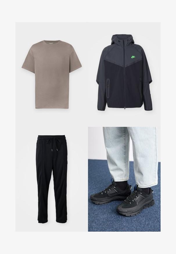 Chaqueta ligera en negro y gris oscuro con capucha, que presenta un logo de Nike en verde, bolsillos con cremallera y un diseño aerodinámico y deportivo.; Camiseta de cuello redondo de manga corta y corte holgado en color topo suave, presentada sobre un fondo blanco.; Pantalones casuales negros con cordón en la cintura, con bolsillos laterales y corte de pierna recta sobre un fondo liso.; Zapatillas deportivas negras con tejido texturizado y suelas de goma, con cordones elásticos y un acento azul en el talón. Combinadas con pantalones de mezclilla claros.