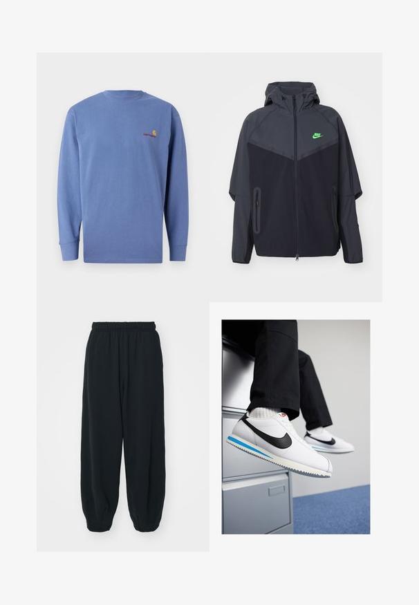 Black and dark gray lightweight jacket with a hood, featuring a green Nike logo, zippered pockets, and a streamlined, sporty design.; Blue long-sleeve t-shirt made of cotton, featuring a crew neckline and a small red embroidered logo on the chest. Simple design.; Black, elasticated-waist sweatpants with a loose fit, cuffed ankles, smooth texture, and no visible patterns or hardware accents.; White leather sneakers with a black Nike swoosh, light blue and grey rubber sole, and classic lace-up design. Feet resting on a filing cabinet.