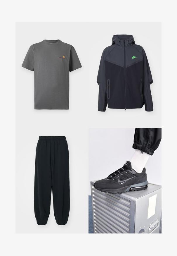 Zwarte en donkergrijze lichte jas met een capuchon, voorzien van een groen Nike-logo, ritszakken en een gestroomlijnd, sportief ontwerp.; Grijze korte mouw T-shirt van katoen; heeft een subtiele logo in oranje en bordeaux op de borst. Basale ronde halsontwerp.; Zwarte, elastiche sweatpants met een losse pasvorm, manchetten aan de enkels, een zachte textuur en zonder zichtbare patronen of hardwareaccenten.; Nike Sportswear PULSE - Sneakers laag - black/anthracite