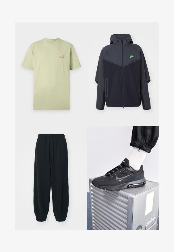 Zwarte en donkergrijze lichte jas met een capuchon, voorzien van een groen Nike-logo, ritszakken en een gestroomlijnd, sportief ontwerp.; Lichtgroene katoenen t-shirt met korte mouwen en een ronde hals. Voorzien van een klein oranje en rood logo op de bovenste linkerkant van de borst.; Zwarte, elastiche sweatpants met een losse pasvorm, manchetten aan de enkels, een zachte textuur en zonder zichtbare patronen of hardwareaccenten.; Nike Sportswear PULSE - Sneakers laag - black/anthracite