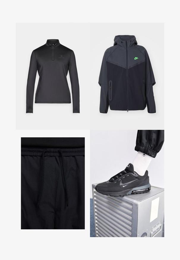 Black and dark gray lightweight jacket with a hood, featuring a green Nike logo, zippered pockets, and a streamlined, sporty design.; Black long-sleeve pullover with a half-zip collar. Made from a lightweight, smooth fabric. Features a subtle logo on the upper left chest.; Black shorts featuring a drawstring waistband, lightweight fabric with a smooth texture, and a simple design without visible logos or patterns.; Nike Sportswear PULSE - Trainers - black/anthracite