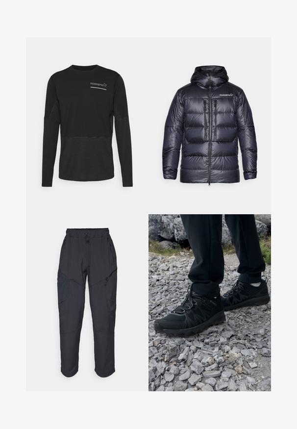 Nafoukaná tmavě námořnická péřová bunda s kapucí, zipem vpředu, dvěma hrudními kapsami a podpisovým logem na levé horní straně. Hladká, lesklá textura.; Norrøna SENJA EQUALISER LIGHTWEIGHT LONG SLEEVE - Top s dlouhým rukávem - caviar; Černé cargo kalhoty vyrobené z lehkého, voděodolného materiálu; mají elastický pas, několik kapes na zip a zúžené nohavice.; Černé venkovní boty z prodyšného a syntetického materiálu, s texturovaným svrškem, bezpečným šněrovacím systémem a robustní podrážkou, na skalnatém terénu.