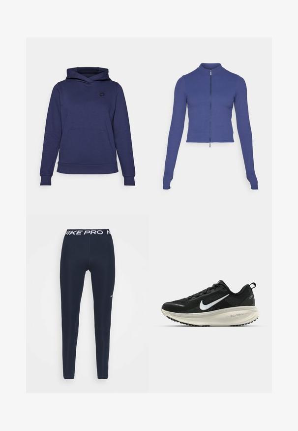 Giacca zip-up aderente a maniche lunghe di un blu profondo. Realizzata in materiale elasticizzato, presenta un colletto alto e una texture liscia. Design semplice.; Felpa blu navy realizzata in tessuto morbido, con tasca a canguro frontale, polsini a coste e un piccolo logo sul petto.; Leggings Nike Pro di colore blu navy con una ampia fascia bianca in vita che presenta il logo "NIKE PRO" e un piccolo dettaglio del Swoosh bianco sulla coscia sinistra. Texture liscia.; Scarpa da corsa nera Nike con tomaia in rete traspirante, logo Swoosh bianco, dettagli testurizzati e intersuola ZoomX di colore crema.
