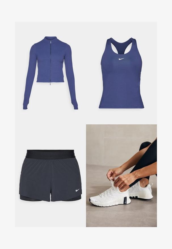 Fitted långärmad zip-jacka i djupblå. Tillverkad av elastiskt material, med hög krage och en slät textur. Enkel design.; Mörkblå atletisk linne med racerback-design, tillverkat av ett mjukt tyg, med en liten vit Nike-logotyp på bröstet.; Svarta idrottsshorts med elastisk midja, med en lagerdesign och en liten vit Nike-logga på nedre vänstra sidan. Lättviktig material.; Nike Performance FREE METCON 6 PRM - Träningsskor - summit white/metallic silver/sail/black