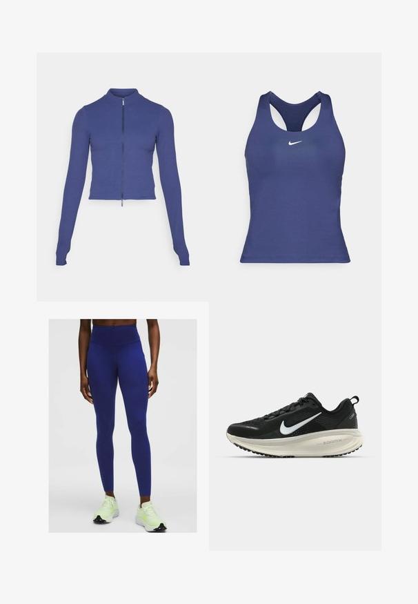 Anpassbare langärmlige Zip-Jacke in Dunkelblau. Hergestellt aus dehnbarem Material, mit hohem Kragen und glatter Textur. Schlichtes Design.; Marineblaues Sport-Tanktop mit Racerback-Design, aus glattem Stoff, mit einem kleinen weißen Nike-Logo auf der Brust.; Person, der hochgeschnittene, dunkelblaue Leggings und cremefarbene Laufschuhe mit neongrünen Akzenten trägt und vor einem schlichten hellen Hintergrund steht.; Schwarzer Nike-Laufschuh mit atmungsaktivem Mesh-Obermaterial, weißem Swoosh-Logo, strukturierten Details und einer cremefarbenen ZoomX-Zwischensohle.