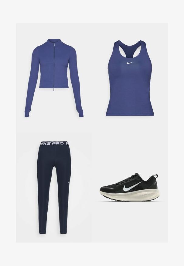 Priliepajúca dlhá rukávová bundu na zips v tmavomodrej farbe. Vyrobená z elastického materiálu, má vysoký golier a hladkú textúru. Jednoduchý dizajn.; Námornícky modrý športový top s pretekárskym strihom, vyrobený z hladkej tkaniny, s malým bielym logom Nike na hrudi.; Námořnické modré legíny Nike Pro so širokým bielym pásom s logom "NIKE PRO" a malým bielym Swoosh detailom na ľavom stehne. Hladká textura.; Čierne bežecké topánky Nike s priedušnou sieťovinou, bielym logom s symbolom swoosh, textúrovanými detailmi a krémovou ZoomX medzipodrážkou.