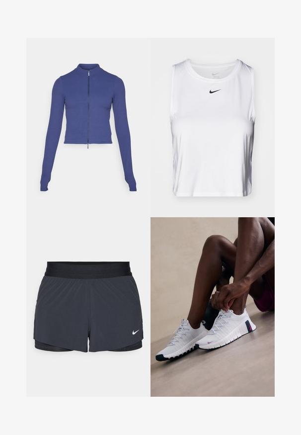 Fitted long-sleeve zip-up jacket in deep blue. Made from stretchy material, featuring a high collar and a smooth texture. Simple design.; White sleeveless athletic top made of smooth fabric, featuring a round neckline and a small black Nike logo on the chest.; Black athletic shorts with an elastic waistband, featuring a layered design and a small white Nike logo on the lower left. Lightweight material.; White athletic shoes with textured surfaces, pink accents, and black soles. Features a lace-up design and cushioned sole for comfort.