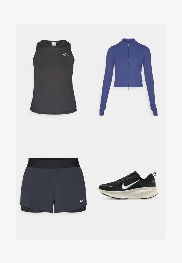 Dopasowana długorękawowa kurtka zapinana na zamek w głębokim niebieskim kolorze. Wykonana z elastycznego materiału, z wysokim kołnierzem i gładką fakturą. Prosty design.; Czarny sportowy top na ramiączkach z okrągłym dekoltem, ozdobiony małym niebieskim logo na piersi oraz gładkim, lekkim materiałem.; Czarne szorty sportowe z elastycznym pasem, o warstwowej konstrukcji i małym białym logo Nike na dolnym lewym boku. Wykonane z lekkiego materiału.; Czarna biegowa półbut z oddychającej siateczki, białym logo swoosh, teksturowanymi detalami oraz kremową podeszwą środkową ZoomX.