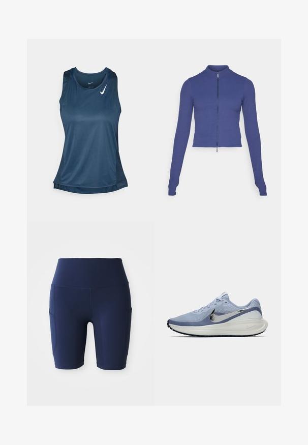 Přiléhavá dlouhá zipová bunda v tmavě modré barvě. Vyrobena z elastického materiálu, s vysokým límcem a hladkou texturou. Jednoduchý design.; Nike Performance FAST TANK - Top - armory navy/reflective silver; Námořnické modré, vysoké cyklistické kraťasy vyrobené z pružné, hladké látky; mají boční kapsy a přiléhavý design.; Světle modrá a bílá běžecká bota Nike se stříbrným logem swoosh, prodyšným síťovaným svrškem, polstrovanou podešví a černým vzorem na podrážce.