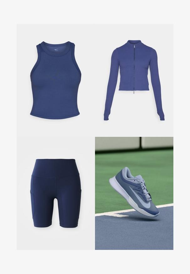 Casaco de fecho éclair de manga comprida e ajustado em azul profundo. Feito de material elástico, apresenta um colarinho alto e uma textura suave. Design simples.; Top de treino azul marinho com um design ajustado, gola redonda e textura suave. Apresenta costuras mínimas e sem marcas visíveis.; Calções de bicicleta de cintura alta em azul marinho, feitos de tecido elástico e suave; apresentam bolsos laterais e um design ajustado.; Sapatilhas desportivas em azul claro e azul marinho, com um topo texturizado, atacadores planos e uma sola leve branca. Elevadas acima de uma superfície de campo.