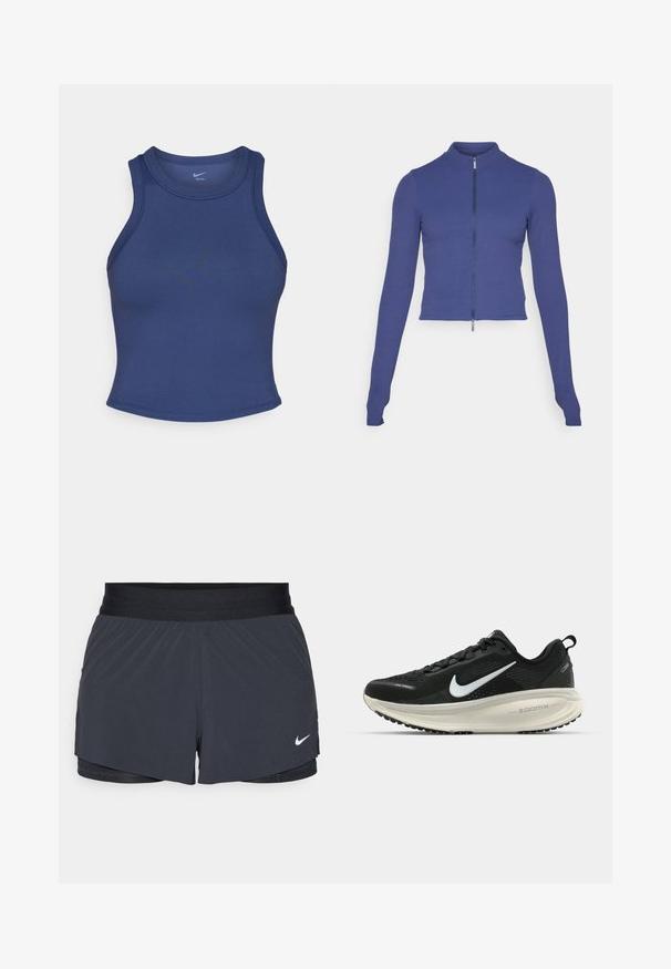 Käytiö pitkähihaisena vetoketjullisena takkina syvänsinisessä värissä. Valmistettu joustavasta materiaalista, jossa on korkea kaulus ja sileä pinta. Yksinkertainen muotoilu.; Tummansininen urheilutoppi, jossa on istuva muotoilu, pyöreä pääntie ja sileä pinta. Ominaisuuksiin kuuluvat vähäiset saumat ja näkyvää brändäystä ei ole.; Mustat urheilushortsit, joissa on joustava vyötärö. Shortseissa on kerroksellinen muotoilu ja pieni valkoinen Nike-logo vasemmassa alareunassa. Kevyt materiaali.; Mustat Nike-juoksukengät, joissa on hengittävä verkko-osa, valkoinen swoosh-logo, teksturoitu yksityiskohtaus ja kermaisen värinen ZoomX-välipohja.