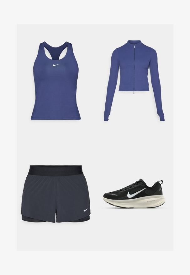 Pielāgota garām piedurknēm ar rāvējslēdzēju, dziļi zilā krāsā. Izgatavota no elastīga materiāla, ar augstu apkakli un gludu tekstūru. Vienkāršs dizains.; Navy zilā sporta topiņš ar sacensību aizmuguri, izgatavots no gludas auduma, ar mazu balto Nike logo uz krūtīm.; Melnas sporta šortus ar elastīgu jostu, ar slāņotu dizainu un mazu balto Nike logo apakšējā kreisajā stūrī. Viegls materiāls.; Melnas Nike skriešanas kurpes ar elpojošu acs augšdaļu, baltu Swoosh logotipu, strukturētu apdari un krēmkrāsas ZoomX starpsole.