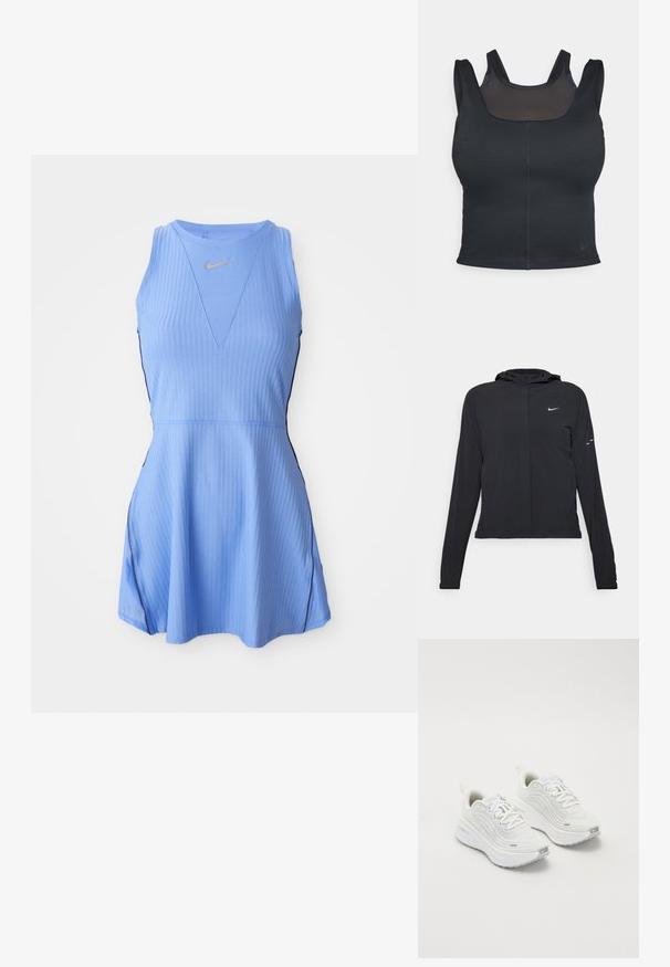 Černá kapucňová bunda s dlouhými rukávy, vyrobená z lehkého materiálu. Obsahuje přední zip, logo Nike a decentní designové akcenty.; Světle modré šaty bez rukávů s ribovou texturou, s véčkovým výstřihem, černými bočními akcenty a malým zlatým logem poblíž výstřihu.; Černá sportovní podprsenka s přiléhavým střihem, širokými ramínky a síťovaným překrytím na přední straně. Hladký povrch a minimální švy. Logo Nike na lemu.; Bílé sportovní boty s texturovaným síťovým svrškem, polstrovanou podešví a jemnými šedými akcenty. Obsahují branding a smyčku na patě pro snadné obouvání.