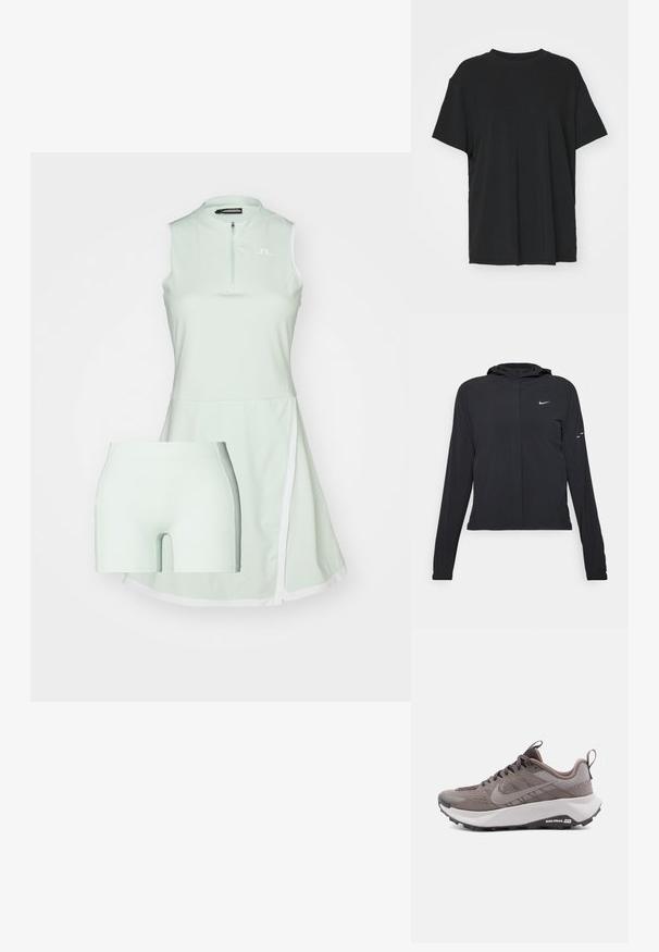 Melnā kapuci jaka ar garām piedurknēm, izgatavota no viegla materiāla. Tam ir priekšējais rāvējslēdzis, Nike logo un smalki dizaina akcenti.; Gaiši zaļa sporta kleita ar rāvējslēdzēja apkakli, īsām piedurknēm un iebūvētiem šortiem. Audums izskatās gluds, ar baltu akcentu detaļu.; Melna īsām piedurknēm T-krekli, izgatavots no gludas auduma, ar apaļu kakla izgriezumu un brīvu piegriezumu. Satur sānu šķēlumu, lai nodrošinātu papildu komfortu un gaisa caurlaidību.; Pelēkie Nike skriešanas apavi ar teksturētu augšdaļu, pastiprinātu purngalu, mīkstu starpkalni un melnu gumijas zoli. Iekļauti auklas un vilkšanas cilpa.