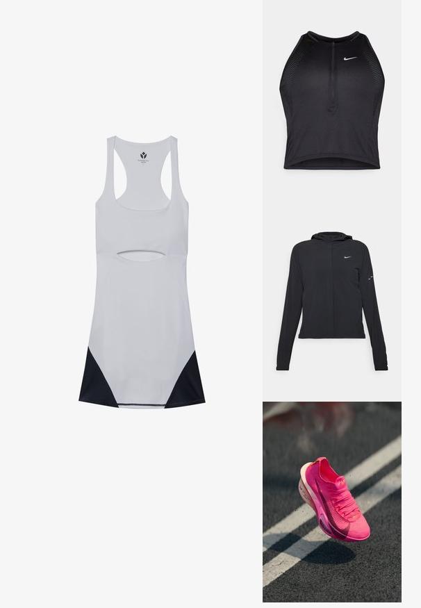Zwarte kaptrui met lange mouwen, gemaakt van lichtgewicht materiaal. Voorzien van een ritssluiting aan de voorkant, een Nike-logo en subtiele ontwerpelementen.; Witte sportieve jurk met uitsnijdingen, racerback ontwerp en zwarte mesh accenten aan de zoom. Gemaakt van rekbaar, lichtgewicht materiaal.; Zwarte atletische crop top met een rits aan de voorkant, mesh accenten en een aansluitend ontwerp. Gemaakt van rekbare, ademende stof. Nike-logo aan de voorkant.; Sport sneaker in felroze gebreid materiaal met een gestructureerd oppervlak, mesh bovenwerk en een witte tussenzool. Bevat een swoosh-logo in donkerroze.