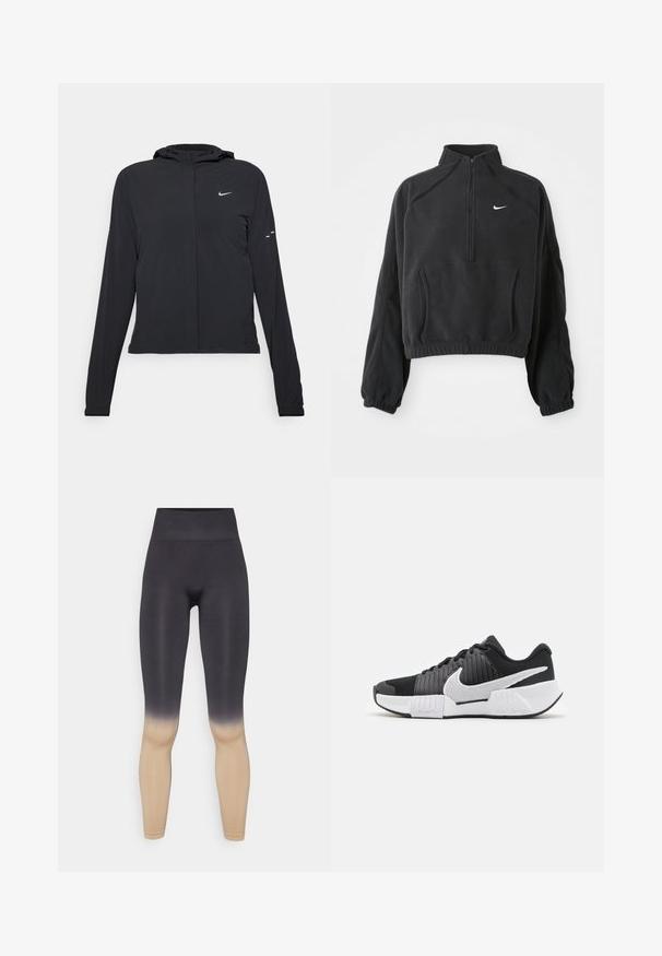 Črna kapuča s dolgimi rokavi, izdelana iz lahkega materiala. Ima sprednji zadrgo, logotip Nike in subtilne oblikovne detajle.; Črn flis pulover z visokim ovratnikom, pol zadrgo spredaj in elastičnim robom. Vsebuje kenguru žep in bel logo Nike na prsih.; Črne in bež ombre legice z visokim pasom. Narejene iz elastičnega materiala, z gladko teksturo in oprijetim dizajnom.; Črno-bele športne čevlje z teksturirano zgornjim delom, izrazitim Nike swooshom in kontrastnim dizajnom podplata za izboljšano oprijemljivost in stabilnost.