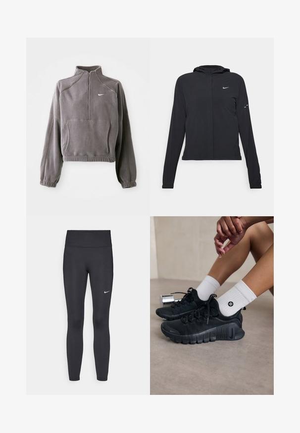 Černá kapucňová bunda s dlouhými rukávy, vyrobená z lehkého materiálu. Obsahuje přední zip, logo Nike a decentní designové akcenty.; Šedý fleecový pulovr s čtvrtovým zipem, disponující elastickými manžetami a lemem, přední kapsou a malým bílým logem na levém prsu.; Černé legíny vyrobené z elastického materiálu, s vysokým pasem a bílým logem Nike na levém stehně. Hladká textura, přiléhavý střih.; Černé sportovní boty s texturovanou látkou, šněrováním a výraznou podrážkou, v kombinaci s bílými žebrovanými ponožkami s malým logem.