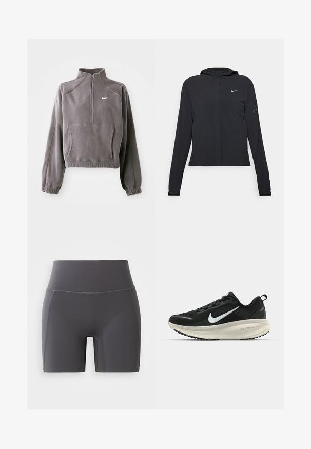 Chaqueta negra con capucha y mangas largas, hecha de un material ligero. Presenta un cierre frontal, un logo de Nike y acentos de diseño sutiles.; Sudadera de forro polar gris con cremallera de cuarto, que cuenta con puños y dobladillo elásticos, bolsillo frontal y un pequeño logo blanco en el lado izquierdo del pecho.; Pantalones cortos deportivos grises con una cintura alta, hechos de una tela suave y elástica. Cuenta con costuras planas y un diseño ajustado.; Zapatilla de running Nike negra con parte superior de malla transpirable, logo Swoosh blanco, detalles texturizados y una entresuela ZoomX de color crema.
