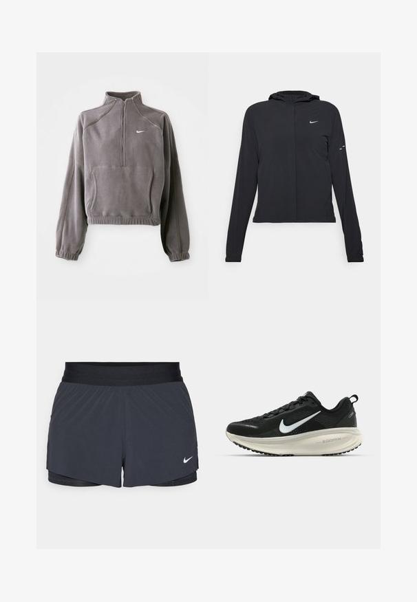 Sort hættetrøje med lange ærmer, lavet af letvægtsmateriale. Har en frontlynlås, et Nike-logo og subtile designaccenter.; Grå fleecepullover med kvart lynlås, featuring elastiske manchetter og ærmer, frontlomme og et lille hvidt logo på venstre bryst.; Sort træningsshorts med elastisk talje, der har et lagdelt design og et lille hvidt Nike-logo nederst til venstre. Letvægtsmateriale.; Sort Nike løbesko med åndbart mesh-overdel, hvidt swoosh-logo, tekstureret detaljering og en cremede ZoomX mellemsål.